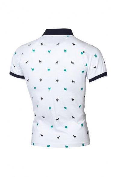 Mens Fashion Polo Shirt Animal Goat Print Spread Collar Contrast Trim Button Short Sleeves Slim Fit Polo Shirt
