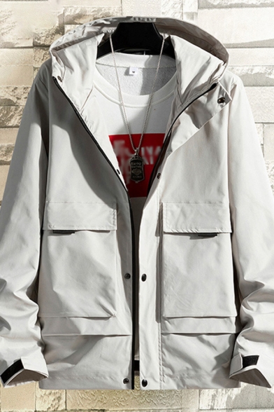 Mens Jacket Fashionable Plain Large Flap Pockets Velcro Cuffs Zipper up Long Sleeve Regular Fit Hooded Casual Jacket