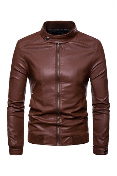 Mens Jacket Unique Solid Color Button Cuffs Zipper up Long Sleeve Mock Neck Slim Fitted Leather Jacket