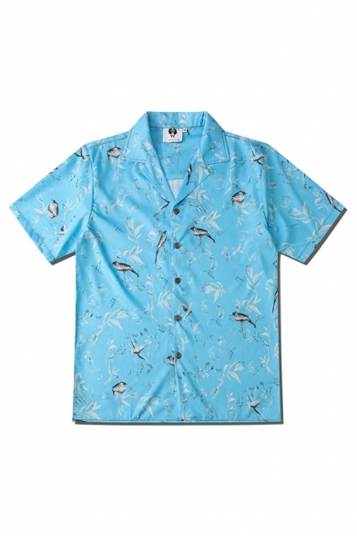 Mens Shirt Casual All-over Bird Leaf Printed Button up Notch Collar Short Sleeve Regular Fit Shirt