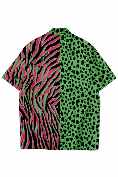 Mens Shirt Chic Contrasted Leopard Skin Zebra Stripe Printed Button up Notch Collar Half Sleeve Regular Fit Shirt