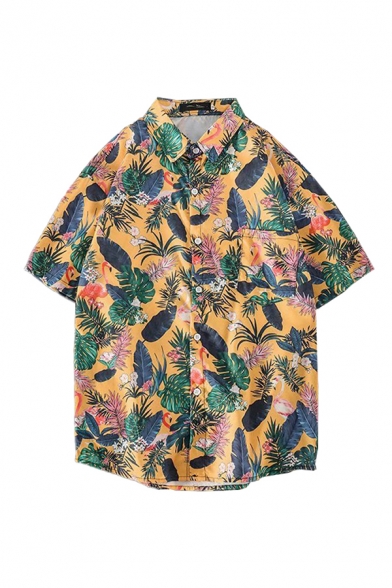 Mens Shirt Creative Flamingo Leaf Printed Button-down Chest Pocket Half Sleeve Point Collar Loose Fit Shirt