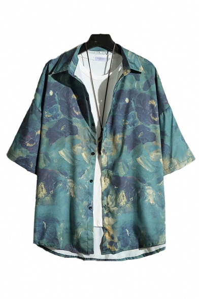 Mens Shirt Creative Flower Brushstroke Painting Button up Turn-down Collar Half Sleeve Relaxed Fit Shirt