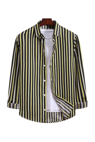 Mens Shirt Creative Vertical Striped Pattern Turn-down Collar Curved Hem Button-down Regular Fit Long Sleeve Shirt