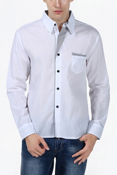 Mens Shirt Trendy Plaid Panel Edging Button up Turn-down Collar Long Sleeve Regular Fit Shirt