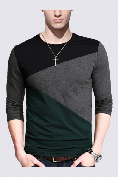Mens T-Shirt Trendy Diagonal Block Cut-and-Sew V Neck Long Sleeve Slim Fitted T-Shirt