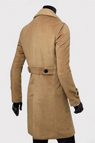 Mens Trench Coat Trendy Solid Color Wool-Tweed Wide Lapel Collar Double-Breasted Long Sleeve Slim Fitted Trench Coat