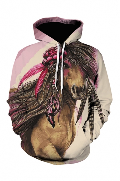 Mens Trendy 3D Hooded Sweatshirt Painted Animal Horse Floral Feather Pattern Pocket Drawstring Regular Fit Long Sleeve Hoodie