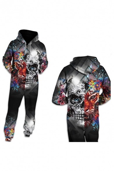 Modern 3D Jumpsuit Skull Tiger Baboon Leopard Painting Pattern Drawstring Pocket Zipper Ankle Length Long-sleeved Relax Fit Hooded Jumpsuit for Women