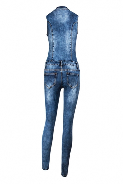 Novelty Womens Blue Overalls Pants Faded Wash Sleeveless Notch Collar Slim Fitted Tapered Ankle Length Overalls Pants