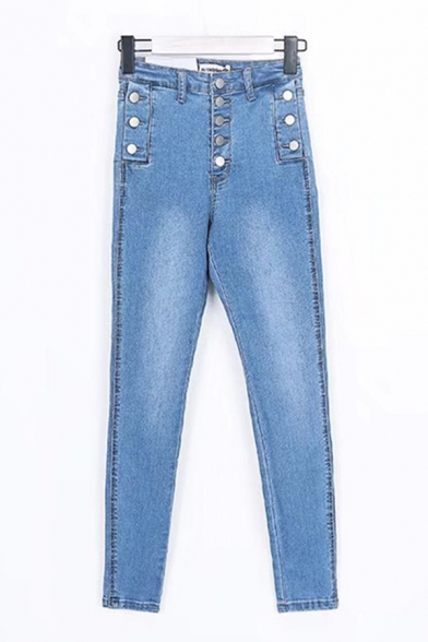 Novelty Womens Jeans Medium Wash Button Decoration Ankle Length Slim Fit Tapered Jeans