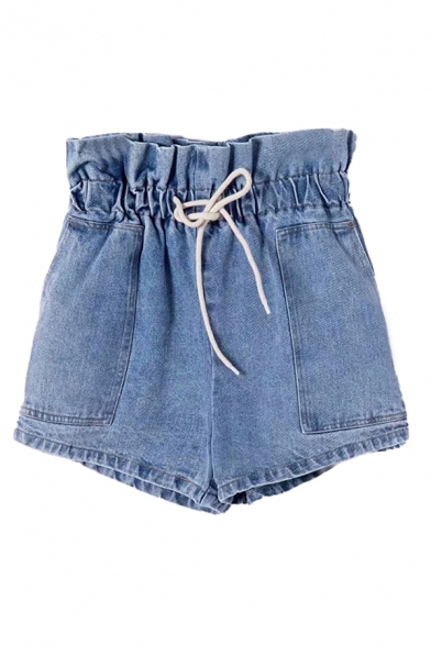 Novelty Womens Shorts Faded Wash Large Pockets Bud High Drawstring Waist Wide Leg Regular Fitted Denim Shorts