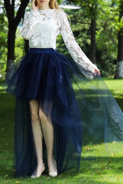

Novelty Womens Tulle Skirt Solid Color High Elastic Waist High-Low Tulle Skirt, Black;grey;navy, LM685078