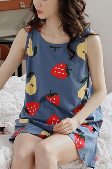 Pop Ladies All Over Fruit Print Crew Neck Sleeveless Loose Tank Top & Pocket Shorts Pajama Set in Blue