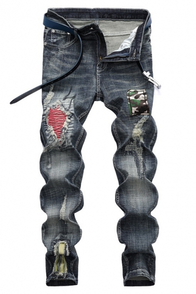Popular Men's Pleated Applique Patched Regular Fit Ripped Jeans Biker Jeans