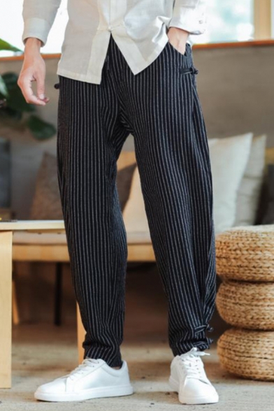 Popular Mens Stripe Printed Frog Button Detail Drawstring Waist Cuffed Tapered Fit Trousers