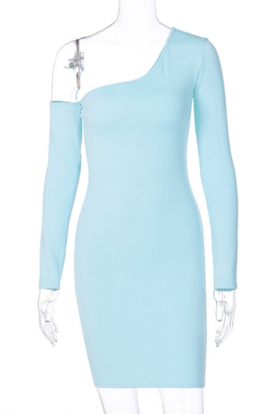 Pretty Solid Color Long Sleeve Oblique Shoulder Mini Sheath Dress for Ladies
