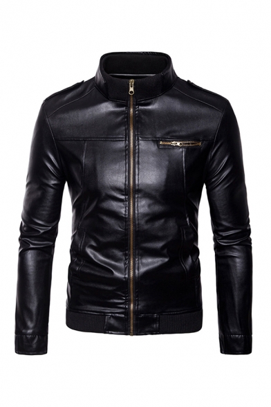 Retro Mens Jacket Epaulets Zipper up Long Sleeve Mock Neck Slim Fitted Leather Jacket
