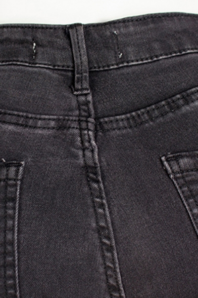 Retro Womens Jeans Dark Wash Frayed Hem Knee Hole Zipper Fly Slim Fit 7/8 Length Tapered Jeans