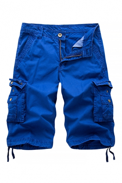 Simple Men's Solid Color Zip-fly Pockets Distressed Longline Regular Fit Denim Shorts