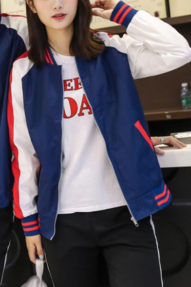 Stylish Color Block Long Sleeves Zippered Baseball Jacket with Pockets