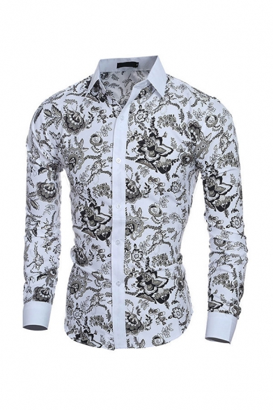 Stylish Men's Shirt Plant Leaf Floral Pattern Long Sleeves Contrast Trim Button down Point Collar Slim Fitted Shirt