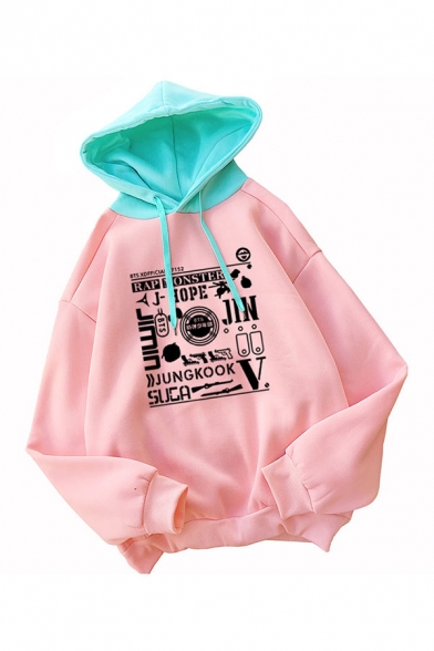 Trendy Girls Color Block Letter Graphic Print Drawstring Long Sleeve Loose Fit Hooded Sweatshirt