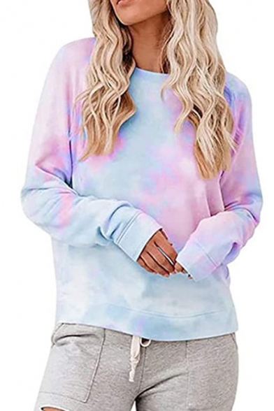 Trendy Womens Tie Dye Round Neck Long Sleeve Relaxed Fit T-shirt