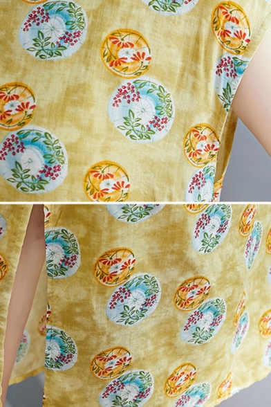 Vintage Girls Floral All Over Flower Printed Short Sleeve Mandarin Collar Slit Sides Mid A-line Cheongsam Dress in Yellow