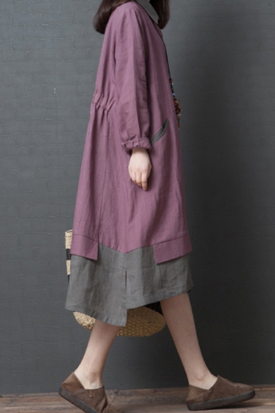 Vintage Womens Patchwork Long Sleeve Turn Down Collar Button Up Linen Slit Sides Mid Oversize Shirt Dress