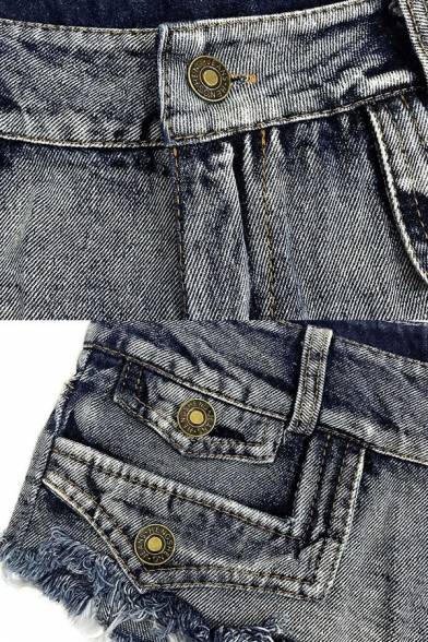 Women's Fancy Shorts Frayed Hem Zip Fly Acid Wash Button Detail Mini Low Rise Slim Fit Denim Shorts