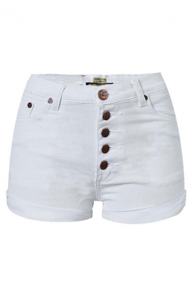 Women's Trendy Shorts Plain Button Closure Slim Fit High-rise Turn-up Hem Mini Denim Shorts in White