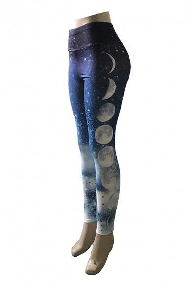 Womens Leggings Stylish Ombre Color Moon Phase Star Printed Mid Waist Ankle Length Slim Fit Leggings