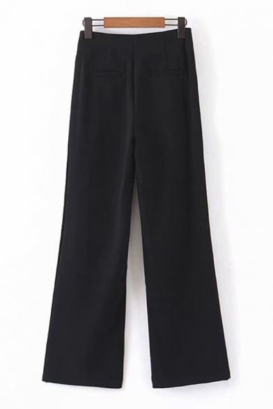Womens Pants Fashionable Plain Draped Pleated Button Detail High Waist Loose Fitted Long Wide Leg Tailored Pants