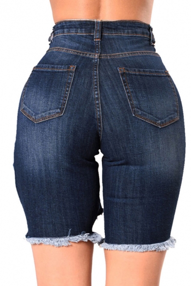 Womens Shorts Blue Fashionable Dark Wash Distressed Frayed Cuffs Stretch Slim Fitted Zipper Fly Denim Shorts