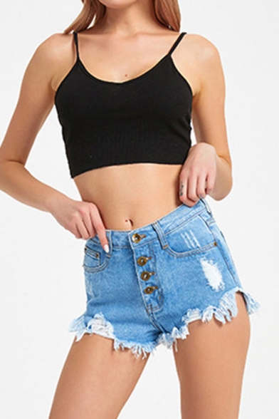 Womens Shorts Blue Simple Faded Wash Ripped Frayed Cuffs Mid Waist Single-Breasted Regular Fitted Denim Shorts
