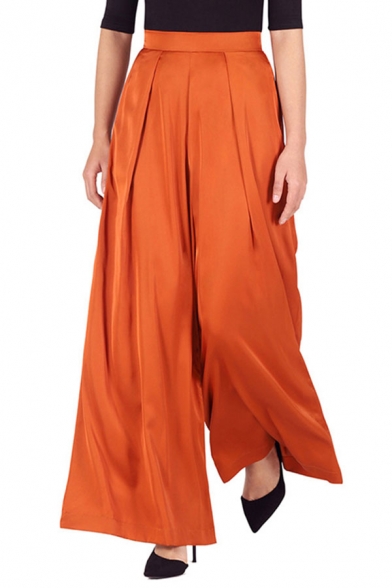 Womens Trendy Trousers Plain Wide-leg Long Length High-rise Half Elastic Waist Pleated Detail Trousers in Orange