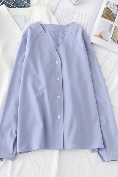 Basic Ladies Solid Color Long Sleeve V-neck Button Up Relaxed Shirt Top