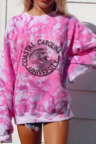 Basic Womens Pullover Sweatshirt Tie Dye Wave Letter Coastal Carolina University Pattern Loose Fit Long Sleeve Crew Neck Pullover Sweatshirt