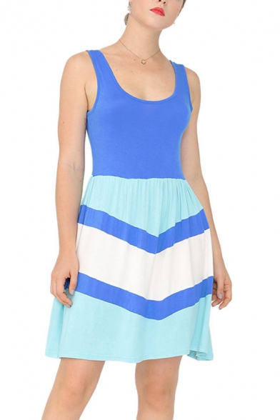 Blue Casual Chevron Printed Color Block Backless U-Shaped Collar Sleeveless Mini A-Line Tank Dress for Women