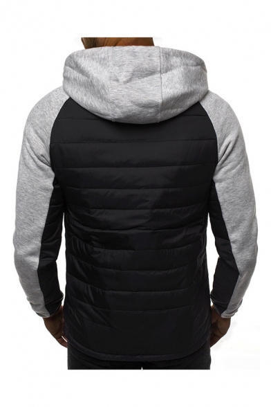 Casual Hooded Sweatshirt Color Block Patchwork Drawstring Zip Placket Long-sleeved Quilted Fitted Hooded Sweatshirt for Men