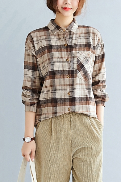 Casual Womens Plaid Printed Long Sleeve Point Collar Button Up Chest Pocket Linen and Cotton High Low Hem Loose Shirt