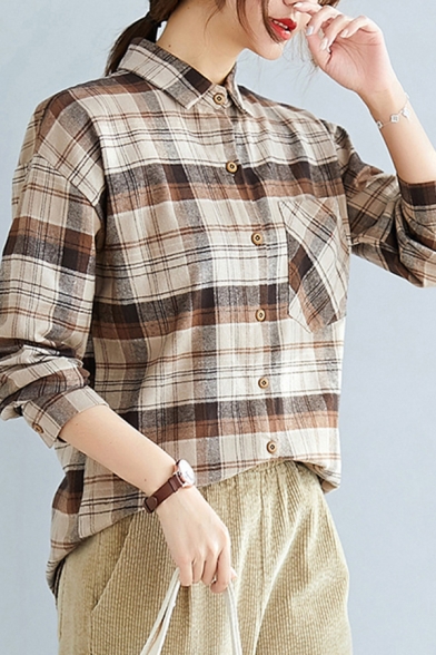Casual Womens Plaid Printed Long Sleeve Point Collar Button Up Chest Pocket Linen and Cotton High Low Hem Loose Shirt