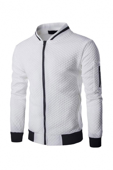 Chic Jacket Contrast Trim Pockets Stand Collar Long-sleeved Zip Closure Quilted Slim Fitted Baseball Jacket for Men