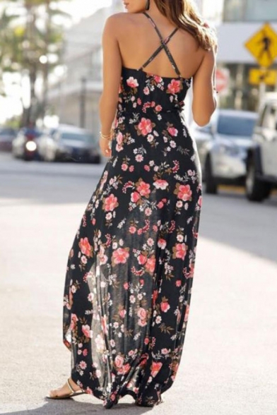 Chic Retro Floral Printed Spaghetti Straps Backless Hot Fashion Maxi Slip Dress