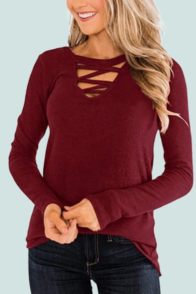 Rosiest Women Solid Deep V-Neck Long Sleeve Collect Waist Crop Sweatshirt Tops