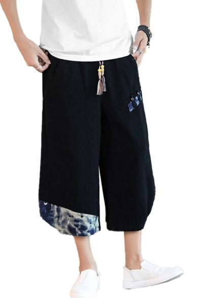 Chinese Mens Patterned Button Detail Drawstring Waist Cropped Baggy Pants
