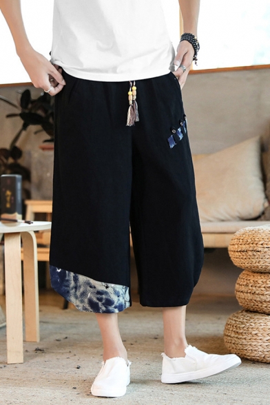 Chinese Mens Patterned Button Detail Drawstring Waist Cropped Baggy Pants