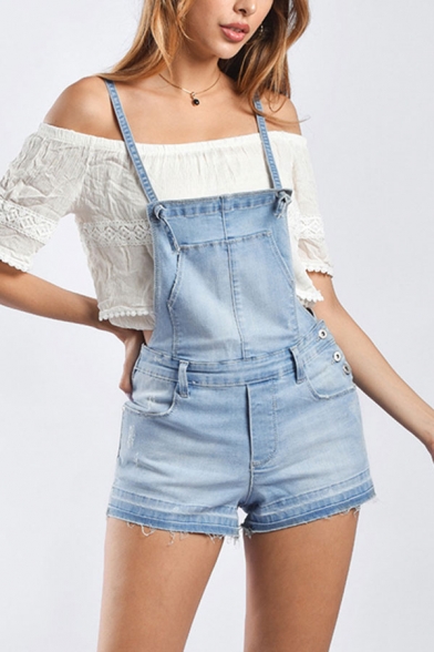 Cool Womens Blue Rompers Faded Wash Knot Strap Button Fly Raw Frayed Cuffs Regular Fitted Denim Rompers