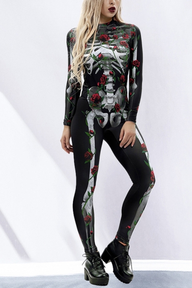 Cozy 3D Jumpsuit Colored Skeleton Floral Splash Ink Pattern Drawstring Pocket Zipper Ankle Length Long-sleeved Skinny Fit Hooded Jumpsuit for Women